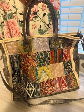 Antik Kraft Patchwork Multicolor Tote with Metallic Trim